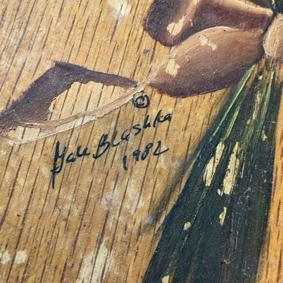VTG 82s Gale Blashka Hand Held Heirloom Mirror Wood Painted Florals Signed Dated - Picture 2 of 9